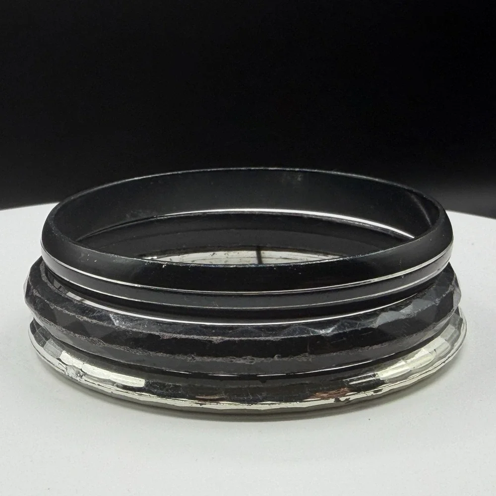 Black Silver Tone Bangle Bracelet Set of 3 Faceted Stackable Chunky Gothic Y2K